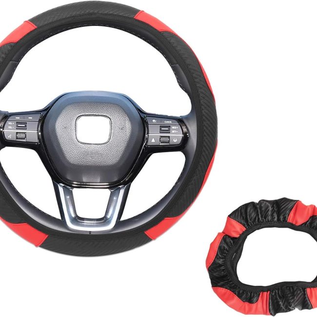 Elastic Stretch Steering Wheel Cover Soft Steering Wheel Protector, Universal 15 inch, Microfiber Breathable Leather, Anti-Slip, Easy Carry, Black Carbon Fiber Texture Red